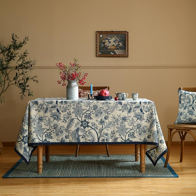 ISAENNE Designer Vintage Linen Square Tablecloth,67"x67"-Ruyi B | French Elegant Table Cloth for Square Table,Blue Floral Pattern,Durable,Heavyweight,Dining Room,Kitchen,Thanksgiving,Decor