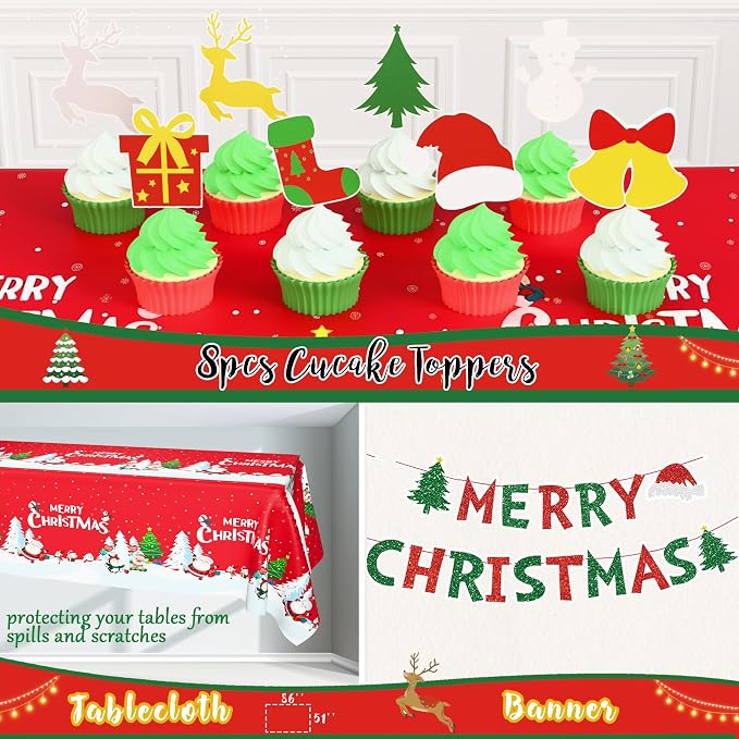 Merry Christmas Party Decorations Kit, Christmas Balloon Garland Arch With Red Green Gold Snow Santa Party Supplies Banner Topper Backdrop Tablecloth - Winter Holiday Indoor Outdoor Home Decor