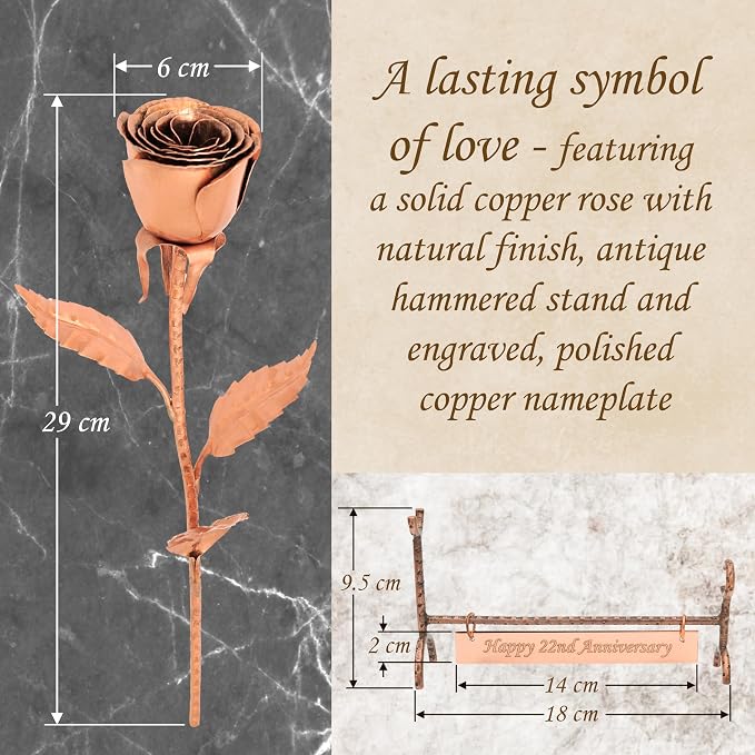 Copper Rose with Stand & Engraved Plate Happy 22nd Anniversary - Solid Copper Flower - 22 Years Wedding Anniversary Decor for Wife, Him or Her