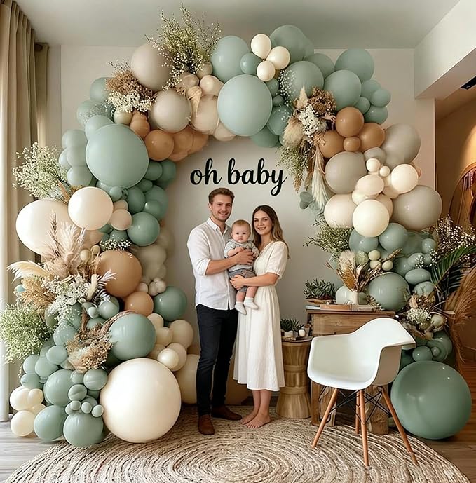 Dusty Green Tan Balloon Arch Kit Double Stuffed, Light Sage Green White Sand Brown Apricot Pastel Neutral Balloon Garland for Boho Baby Shower Birthday Wedding Woodland Wild One Gender Reveal Party