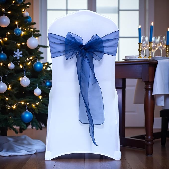 MDS® Pack of 300 Organza Chair Sashes for Wedding Decoration, Reusable Sheer Chair Bows for Banquet Chair Cover, Reception, Bridal Shower, Baby Shower, Birthday Party & Special Events - Navy Blue