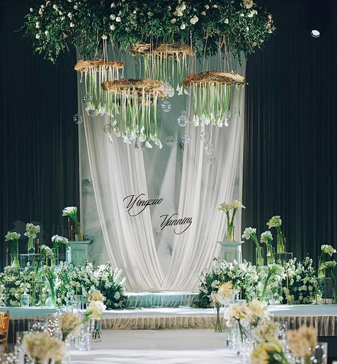 DUOBAO Sheer Voile Chiffon Fabric Draping Chiffon Ceiling Drapes 30ft, 6 Pieces White Wedding Ceiling Drapes Use for Backdrop Curtain - Wedding and Special Events - SnowWhite, 5x30feet