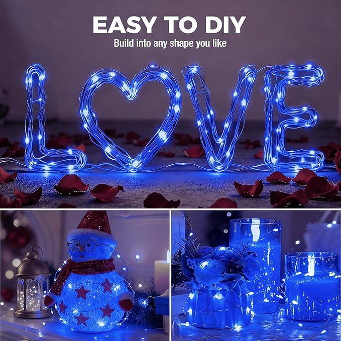 litogo 24 Pack 7FT 20 LED Fairy Lights Battery Operated, 3 Lighting Modes, Bulk Mini Twinkle String Lights Waterproof Silver Wire for Weddings Mason Jars Party Christmas Decorations-Blue