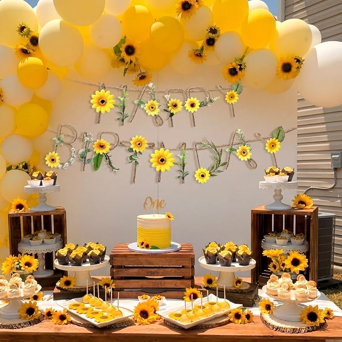 Norme 2 Pcs Fall Sunflower Birthday Party Decorations Banner Metal 3D Flower Autumn Happy Birthday Garland Sign Sunflower Fall Party Decorations Garden Tea Fairy First Birth Background Women Girl