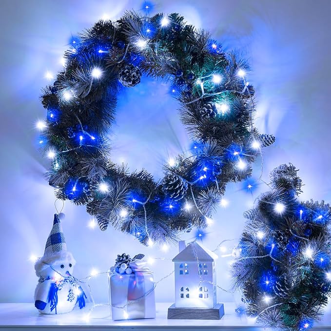 Blue and White Christmas Lights Outdoor, 82 FT 250 LED Christmas String Lights Waterproof 8 Modes, Plug in Clear Wire Twinkle Fairy Lights for Indoor Outside Tree Patio Yard Bedroom Decorations
