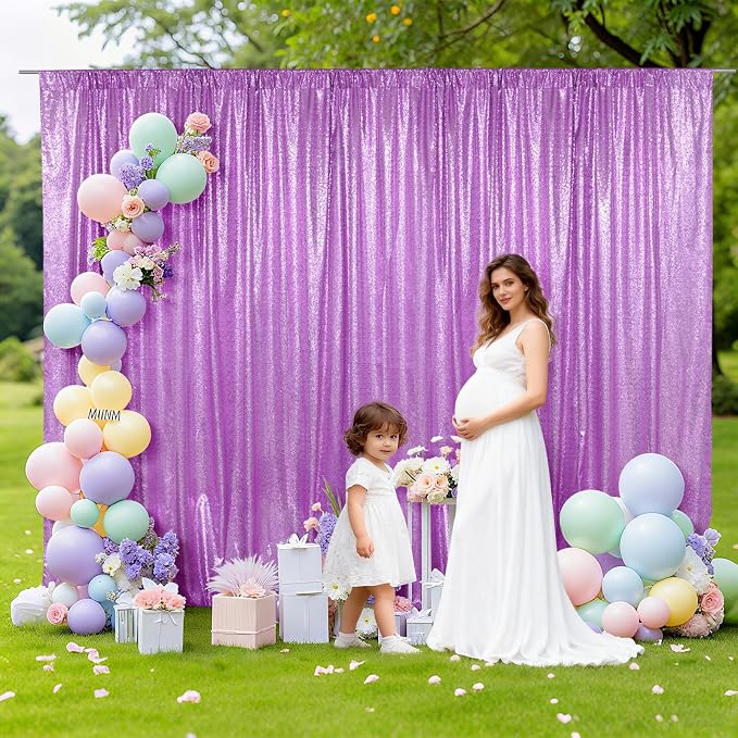 SquarePie 10x10ft Lavender Sequin Backdrop for Photography, Satin-Backed Real Sequin Curtain, Enhanced Coverage Shimmering Background with 4" Rod Pocket for Wedding, Birthday, Party Decor, 1 Panel