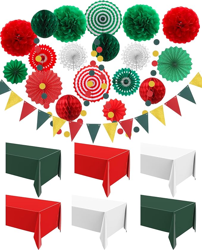 Fullhawl 27 Pcs Mexican Party Decoration, 6 Pack Disposable Tablecloth 21 Pcs Hanging Paper Fans, Pom Poms Flowers, Garland String Polka Dot and Triangle Flag Set for Birthday, Wedding, Carnival