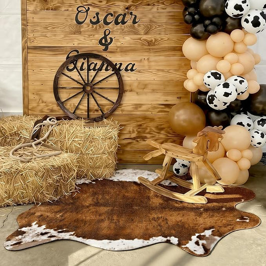 Nuanchu Western Cowboy Party Decorations Cow Print Cowhide Rug Wooden Wagon Wheel Vintage Rustic Western Party Decor for Cowboy Theme Birthday Decor(Retro Style)