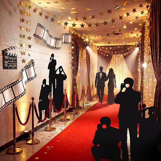 VioraWhite 10 Pcs Movie Party Decorations 3.94 ft Black Paparazzi Figures, Film Tape Decoration, Hanging Gold Stars, Movie Party Supplies for Classroom Favors