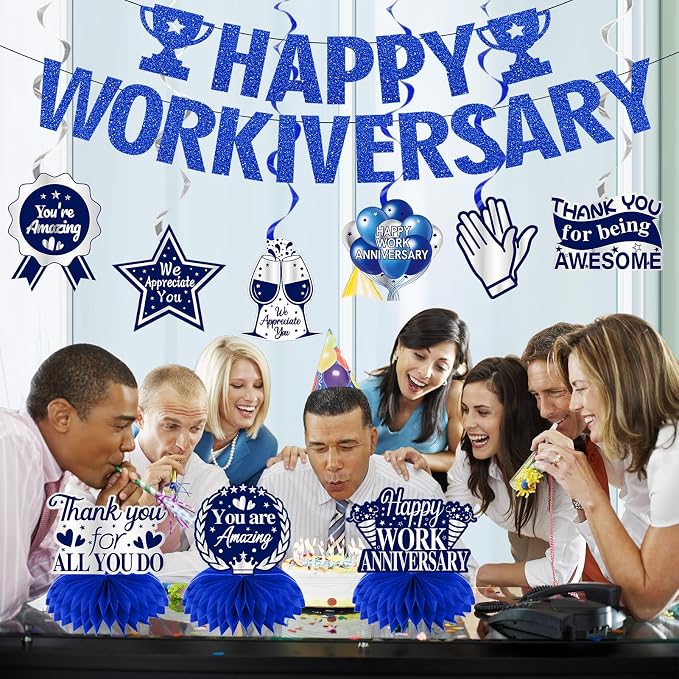 Zirtorei Happy Workiversary Decorations for Men Employee, 11pcs Blue Silver Work Anniversary Banner Party Supplies, Workiversary Honeycomb Centerpieces Hanging Swirls Business Gift for Office