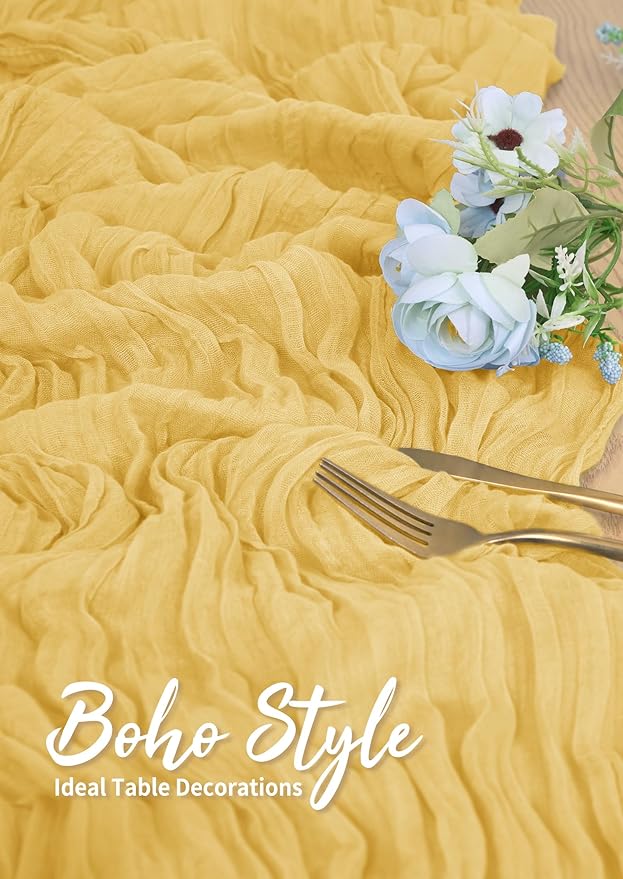 10 Pack Cheesecloth Table Runner Gold, Rustic Boho Gauze Fabric Table Runner Romantic Table Runner for Wedding, Festival, Birthday, Anniversary, Dinner and Outdoor Events (17.7 x 108 inch)