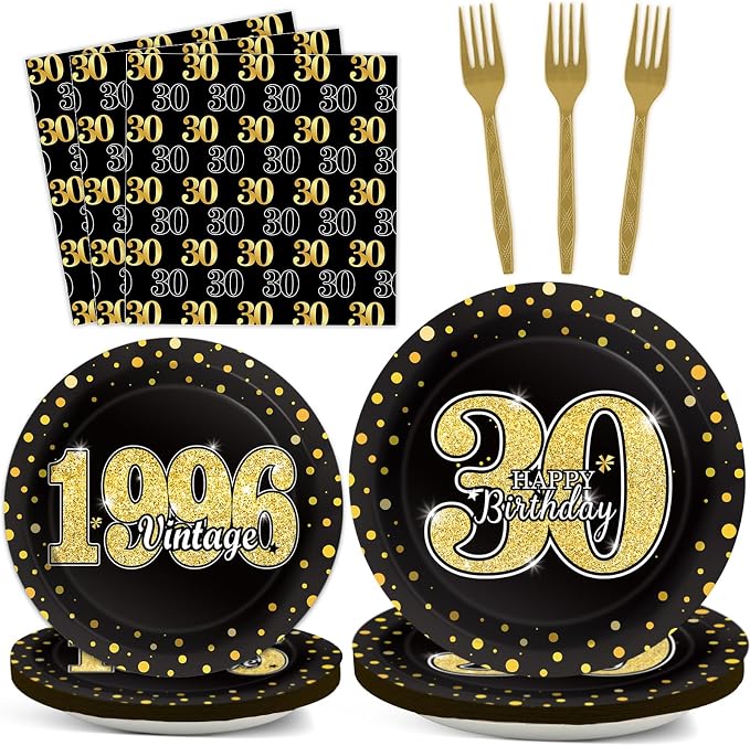 200PCS 30th Theme Birthday Party Tableware Vintage 1996 Party Supplies 30 Year Old Birthday Decorations Plates Napkins Forks Black and Gold Dinnerware Favors for Men or Women