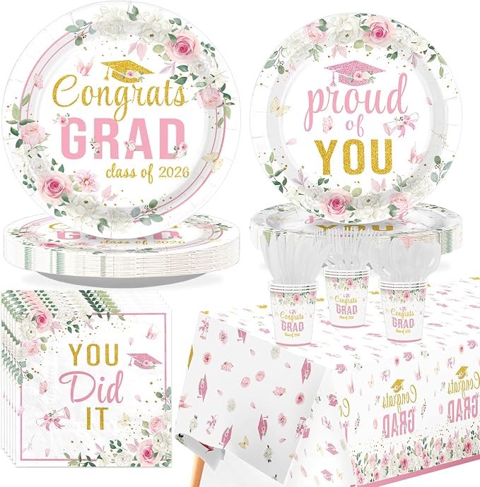 170 Pcs Graduation Party Decorations Class of 2026 Graduation Pink Floral Plates Napkins Cups Forks Knives Spoons Tablecloths for High School College 2026 Pink Grad decorations Serves 24