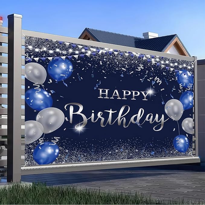 Happy Birthday Banner Backdrop for Men Boys Navy Blue and Silver Party Decorations Background Poster for Women Girls Supplies Polyester Fabric Indoor Outdoor 8x6ft