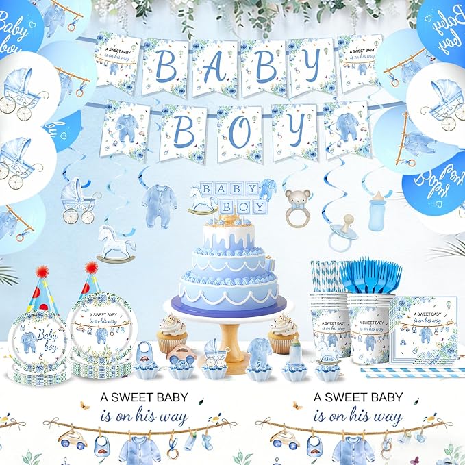 220 Pcs Blue Baby Shower Decorations 25 Guest All-in-One Party Supplies Kit with Disposable Tableware, Balloons, Hanging Swirl, Banner, Cake Toppper, Tablecloth for Baby Shower Decor
