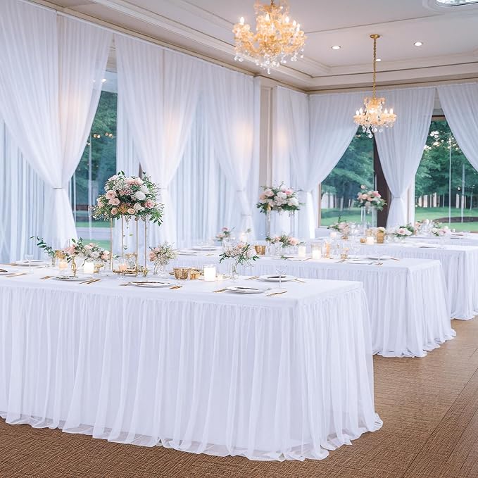 White Table Cloth 8 Foot Rectangle Spandex Table Covers 8ft Fitted Tulle Tablecloth Rectangular Desk Skirt Stretch Table Cloths Covers Party Banquet Birthday Baby Shower Wedding Table Cloth, 2 Pack