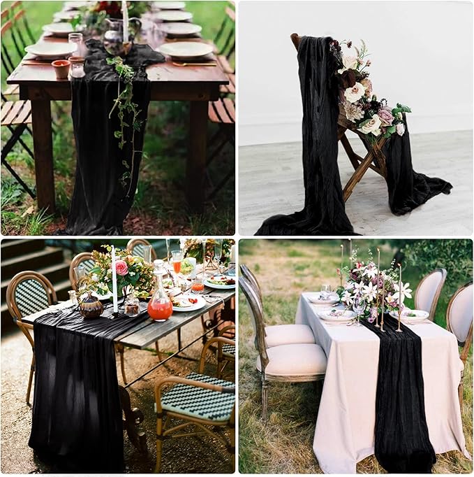 8 Pack Black Cheesecloth Table Runner 10Ft Gauze Cheese Cloth Table Runner 35x120Inch Romantic Boho Table Runners for Wedding Birthday Party Bridal Baby Shower Engagement Halloween Holiday Table Decor