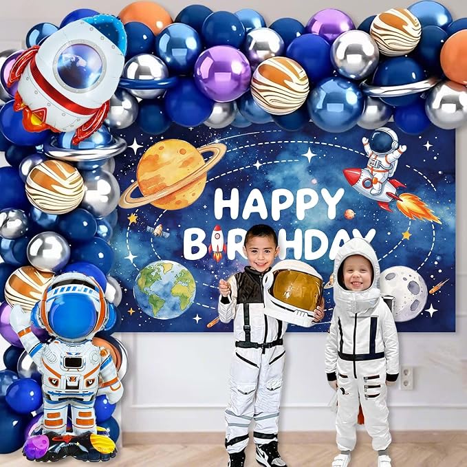 139Pcs Space Themed Party Decorations, All-In-One Outer Space Planet Birthday Banner Backdrop Cake Cupcake Toppers Tablecloth Astronaut Rocket Balloon Garland Kit