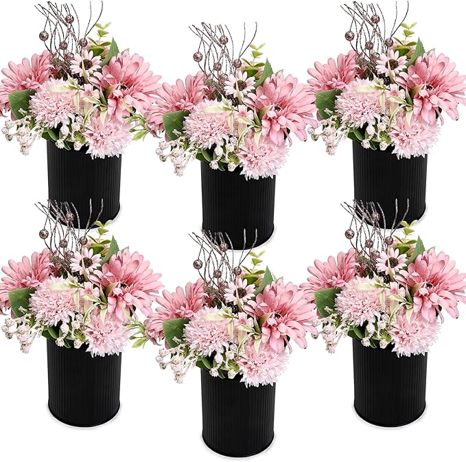 Pink Flowers Table Centerpieces - Set of 6 Pre-Made Daisy Floral Arrangements with Black Metal Vase for Birthday, Baby Shower, Party, Events Celebration Decorations - Dusty Pink & Rose Gold