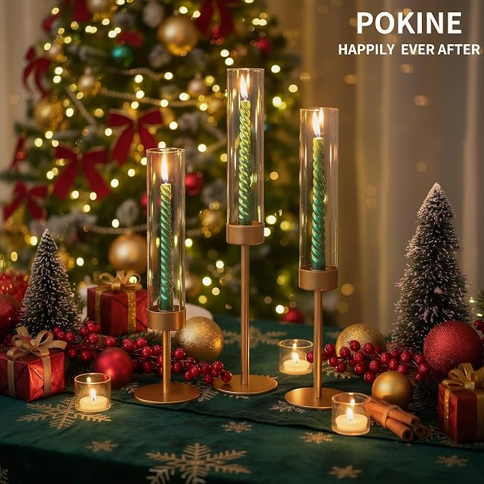 POKINE Tall Candle Holders Set of 3, Hurricane Glass Taper Candlestick Holders for Wedding, Christmas Decor, Dining Table, Party Centerpieces