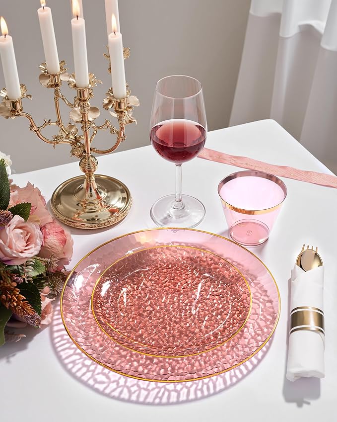 Hioasis 60pcs Burgundy Plastic Plates - Gold Rimmed Disposable, Hammered, Heavy-duty Dinnerware Set Suitable for 30 Guests, 10.25" Dinner & 7.5" Dessert Plates for Party & Wedding