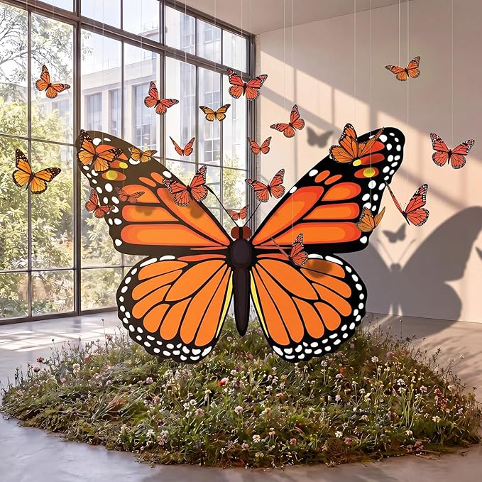 Tingjoo 21 Pcs Large Butterfly Decorations Kit 3D Monarch Butterfly Party Backdrop Decorations and 20 Pcs Hanging Butterflies Photo Booth Props for Baby Shower Wedding Garden Birthday Party