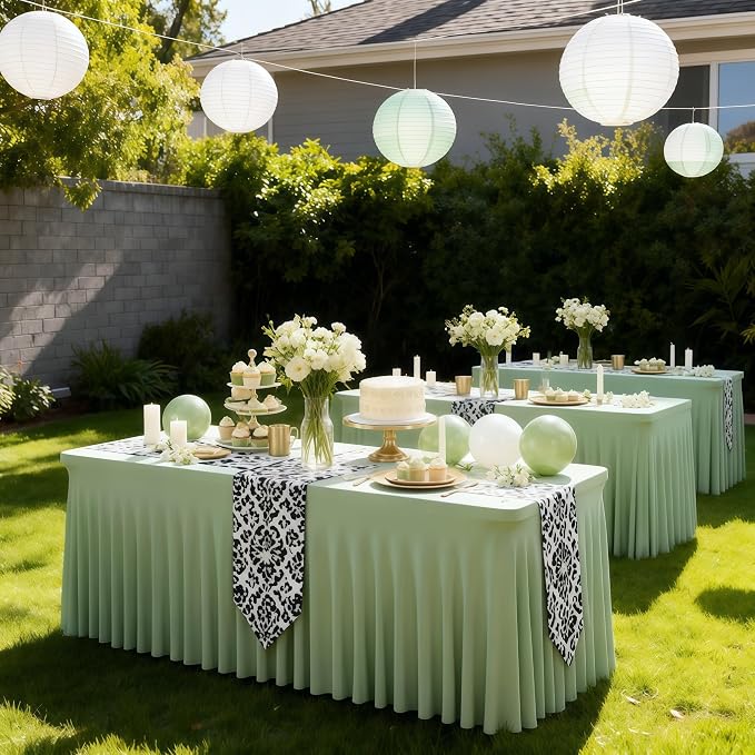 Wish Care 6 Pack Sage Green Spandex Table Clothes for 8 Foot Rectangle Tables, 8FT Wrinkle Free Fitted Tablecloths Ruffles Design Table Cloth for Party, Banquet, Wedding and Events