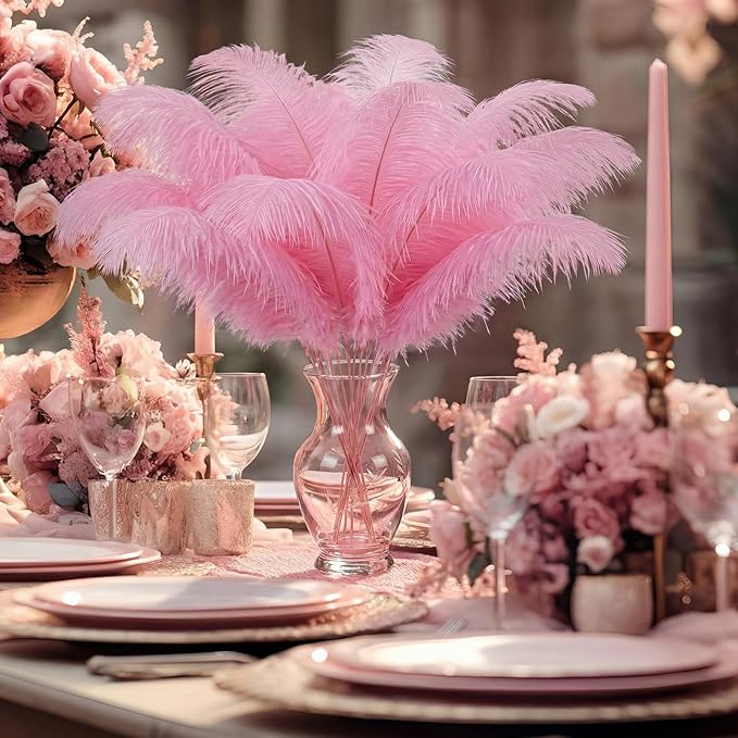 Hanaive 150 Pcs Ostrich Feathers Set Bulk Plumes 12-14 Inch (30-35cm) 70 Pcs Large Ostrich Feathers with 80 Sticks and Tape for DIY Crafts Wedding Home Party Centerpiece Decorations (Pink)