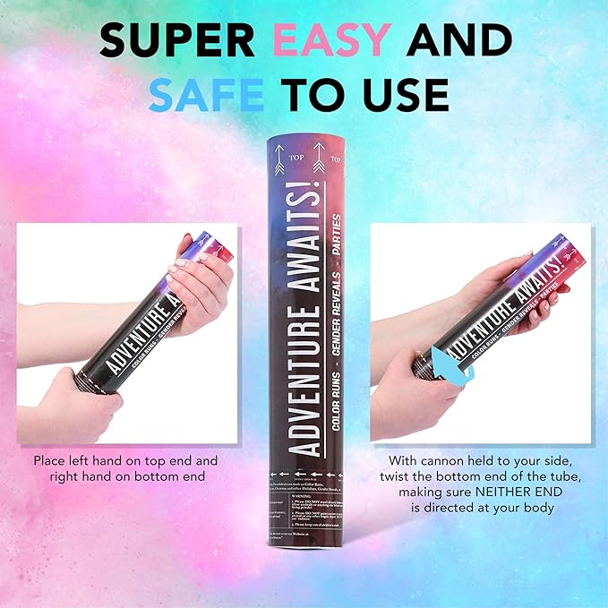 Adventure Awaits! - BABY GENDER REVEAL - 4-Pack Hand Held Air Filled Party Popper - 3 options: 4 Blue or 4 Pink or 2 Red/2 Blue - Check our store for other Color Run Festival colors! (2 Pink & 2 Blue)