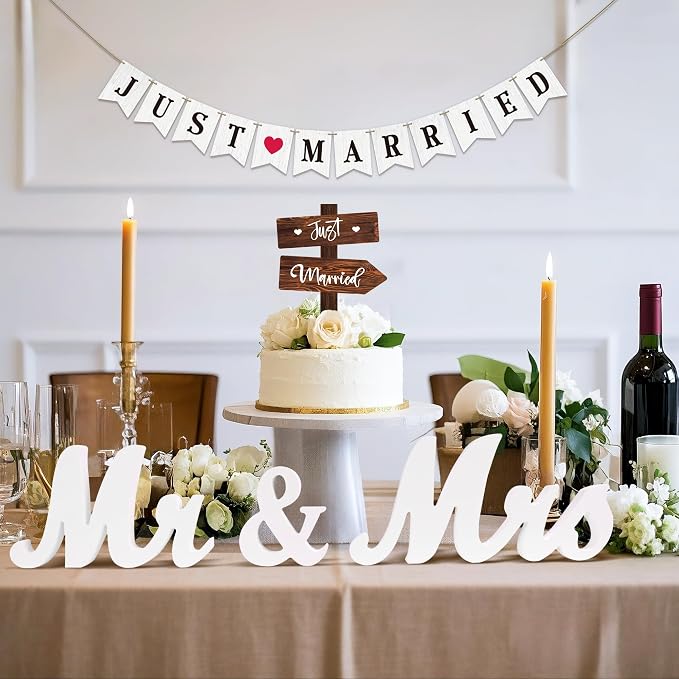 Rustic Wedding Decoration Set Just Married Cake Topper & Banner & Mr Mrs Table Sign in Wood