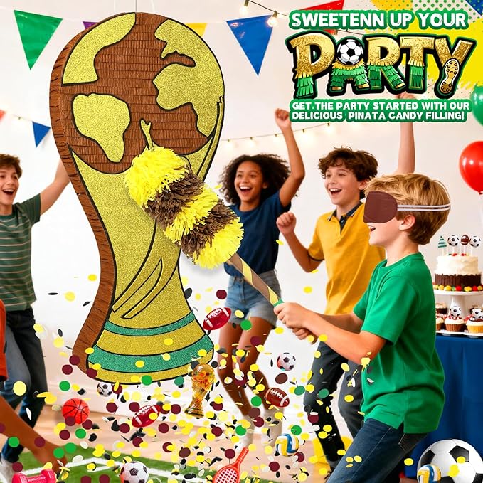25" World Cup Trophy Piñata - Large Gold Champion Cup Pinata with Stick, Blindfold & Confetti - Soccer Theme Birthday Decorations, Sports Party Supplies for Boys Kids & Adults Victory Celebration