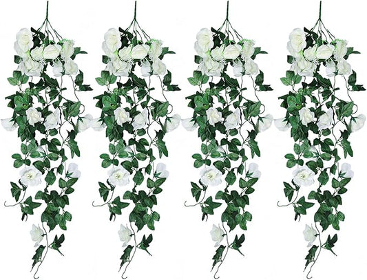RECUTMS Artificial Hanging Rose Plant 4Pieces 3.3Ft Faux Ivy Plants Fake Outdoor Flowers Vines,UV Resistant for Wedding, Home, Office, Arch,Arrangement Decoration (White)