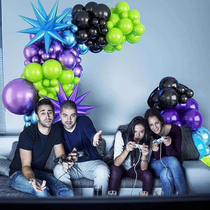 Blue Purple Balloon Garland Arch Kit, 104 PCS Metallic Purple Blue Black and Green Balloons with Star Balloons for Kids Boys Video Game Night Birthday Party Decorations