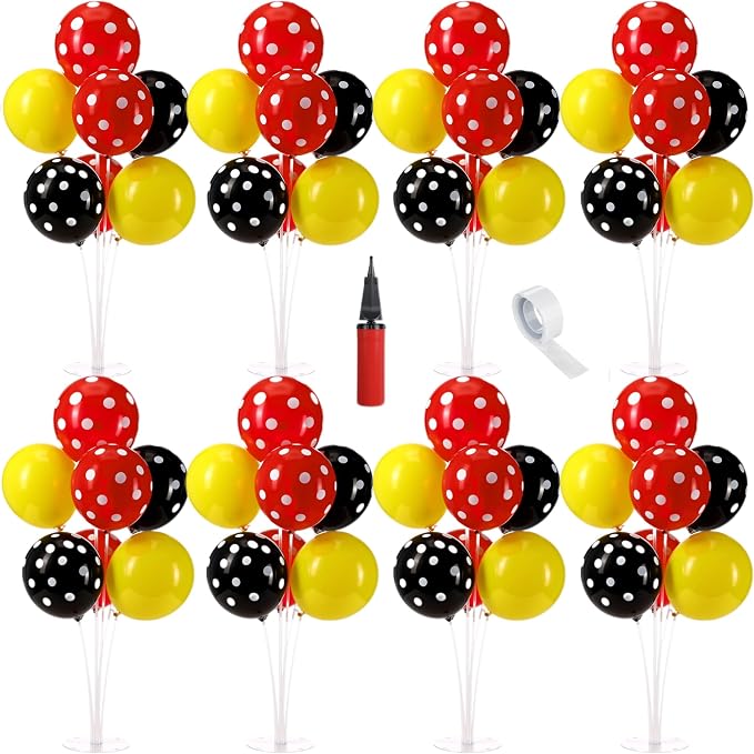 VioraWhite 8 Set Balloon Stands Kits, Sticks Holder with Base and Balloon for Table Centerpieces Party Decoration for Birthday Baby Shower Fiesta Carnival Wedding Graduation Party(Red Black Polka Dot)