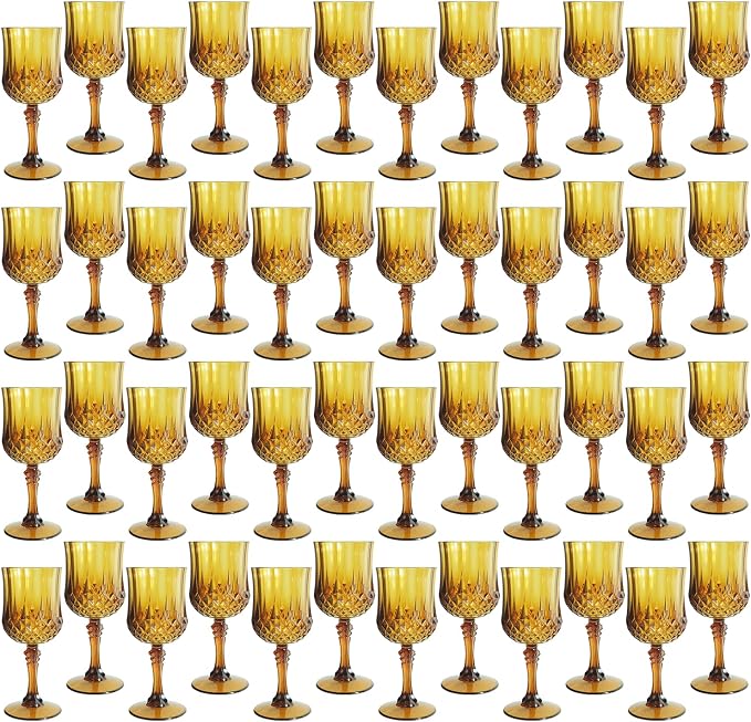Plastic Wine Glasses, Plastic Goblets Vintage Style Cordial Unbreakable Drinking Glasses, Reusable Drinkware for Wedding Reception, Grand Event Party Supplies (48, Amber)