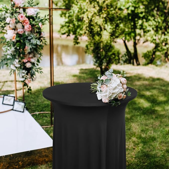 Kochorie 4 Pieces Cocktail Table Skirt Round Cocktail Table Covers 32 x 43 Inch Spandex Stretch High Top Table Cloth for Wedding Table Bar Banquet Party Supplies (Black)