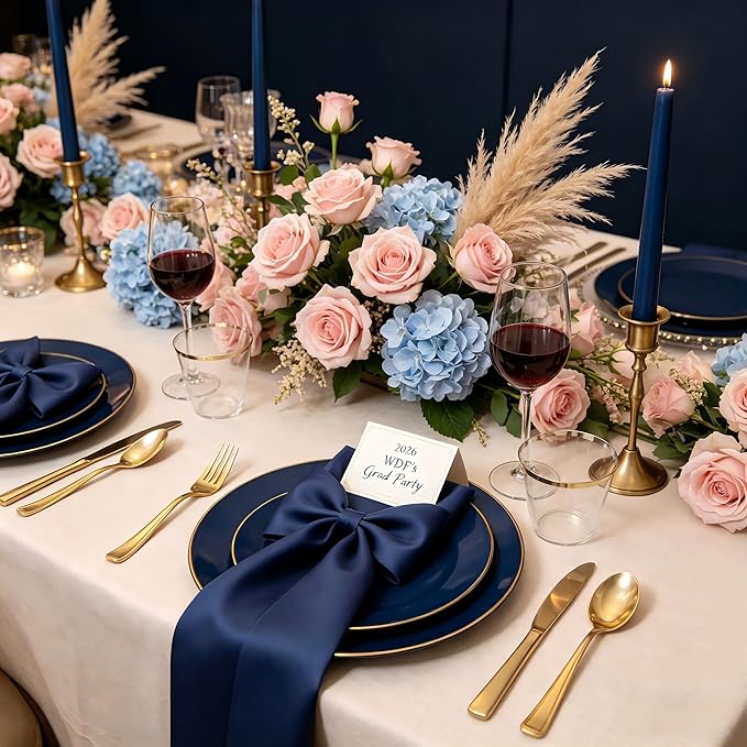 WDF 150pcs Blue plastic Plates - Navy Blue Plates Disposable - 25guest Disposable Dinnerware Sets for Party/Wedding/Birthday/Graduation