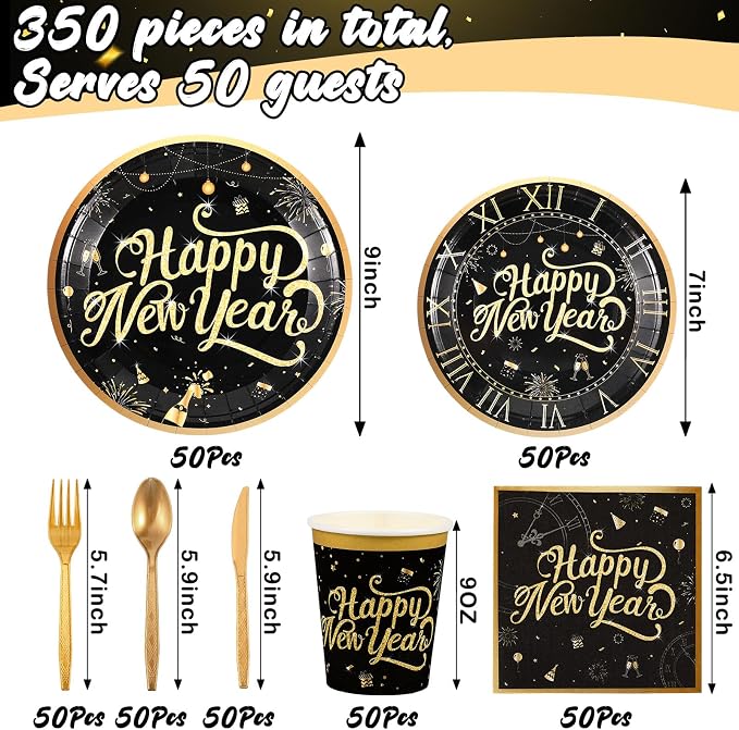 Zhehao 350 Pcs Happy New Year Party Supplies Tableware 2026 New Years Eve Dinnerware Set for 50 Guests Disposable Black Gold Paper Plates, Napkin, Cup, Knife, Fork and Spoon for Celebration(Clock)