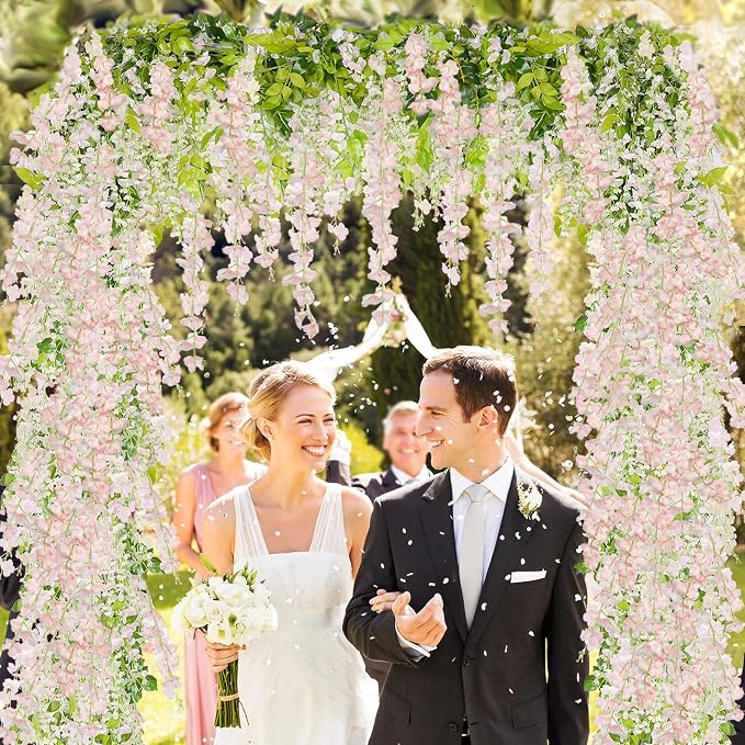 ZINHO 60 Branches Wisteria Hanging Flowers, Artificial Pink Wisteria Flowers Garland for Wedding Arch Ceremony Party Garden Home Backdrop Decor