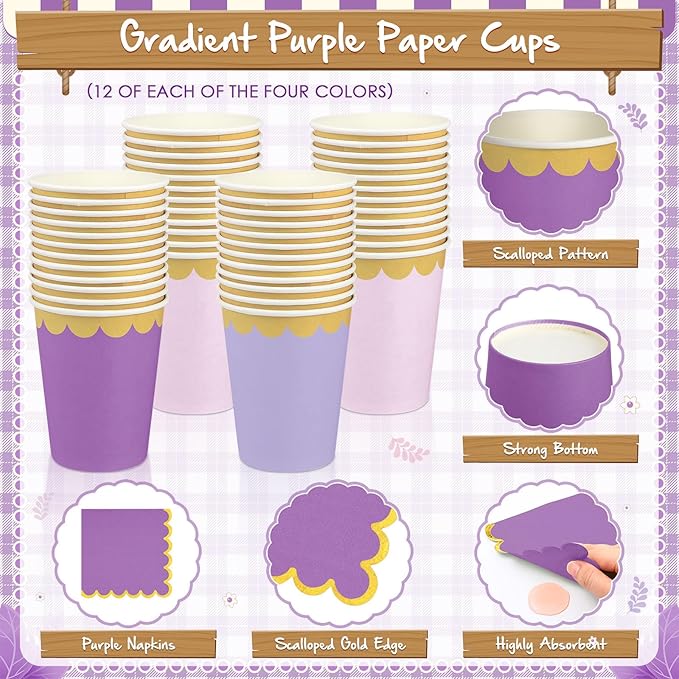 Mimorou 338 Pcs Purple Plates and Napkins Party Supplies for Guests Lavender Tableware Include Scalloped Plates Paper Napkin Cup Spoon Fork Knife for Baby Shower, Wedding, Birthday