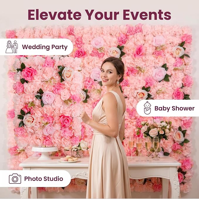 3D Flower Wall Backdrop 6 Pack, 24x16 Inch Soft Pink Artificial Rose Panels for Wedding, Party, Photo Studio, Home & Fence Decor