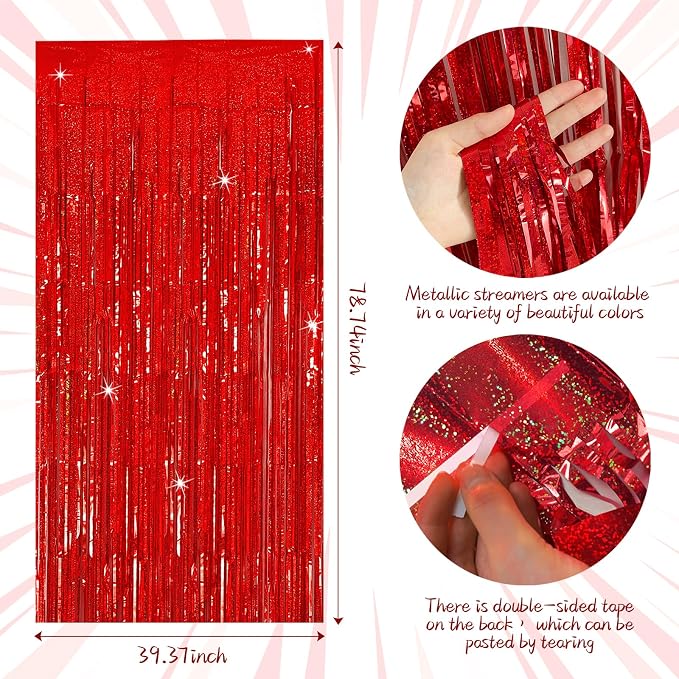 Tinsel Curtain Party Backdrop Red Birthday Party Decorations 5 Packs Glitter Foil Fringe Curtain Decor Streamers Photo Booth for Christmas Wedding Halloween Graduation