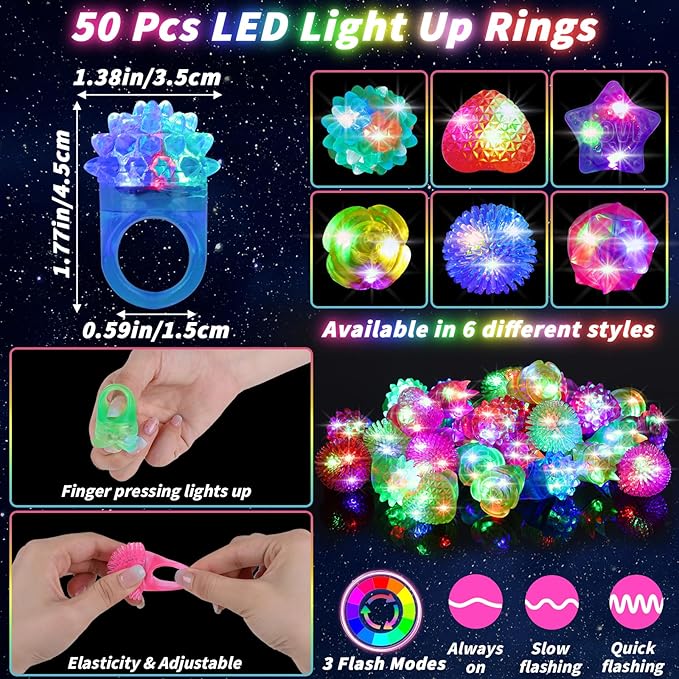 100 Pcs LED Light Up Party Favors Bulk Glow in the Dark Glasses Rings 10 Color LED Glow Glasses Neon Sunglasses 6 Style Finger Lights Flashing Ring for Birthday Wedding Neon Party Decor