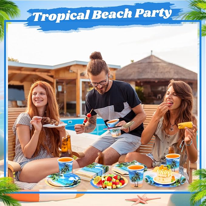 Funnymoom 250 Pcs Tropical Beach Party Decoration Summer Paper Plates Napkins and Cups Hawaiian Tableware Set for Birthday Pool Summer Baby Shower Beach Themed Party Supplies, Serves 50