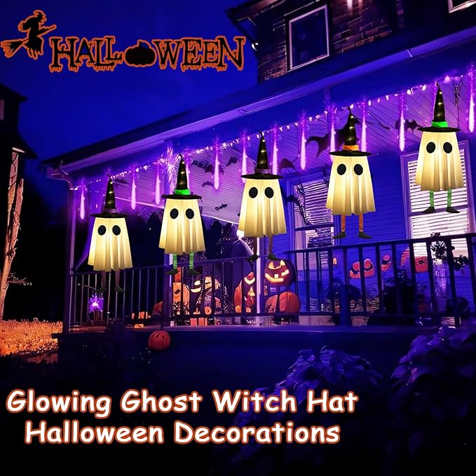 Halloween Hanging Ghosts, Halloween Ghost Decor with Witch Hat for Outdoor | Set of 3, Unique Ghost & Witch Fusion Design, Indoor and Outdoor Use, Cute and Spooky Design, Soft Lightweight Fabric