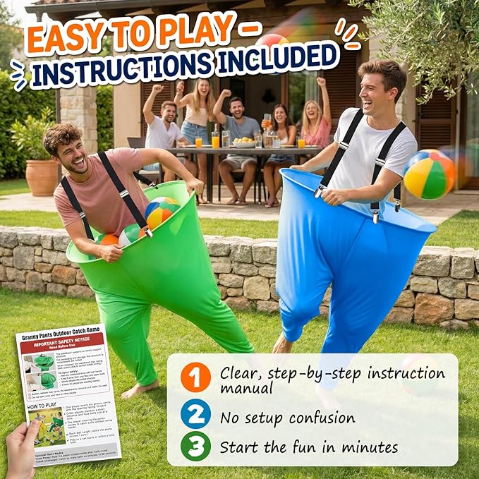 Granny Pants Yard Game for Adults and Kids, Big Pants Ball Catch Game with 2 Giant Pants, Balls, Pumps & Storage Bag, Outdoor Tossing Games for Birthday Party, Backyard Party, Family Reunion