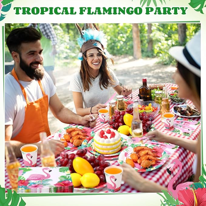 Funnymoom 400 Pcs Hawaii Flamingo Party Supplies for 50 Guests Tropical Flower Disposable Plates Napkins Cups Spoons Forks Knives for Summer Beach Birthday Hawaii Decorations