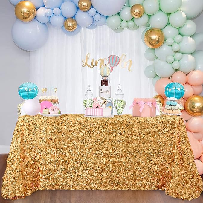 B-COOL Gold Tablecloth Rosette 90x132 Inch 3D Floral Wedding Table Fabric Rectangle Rose Satin Table Overlay for Birthday Wedding Anniversary Party Holiday Decorations