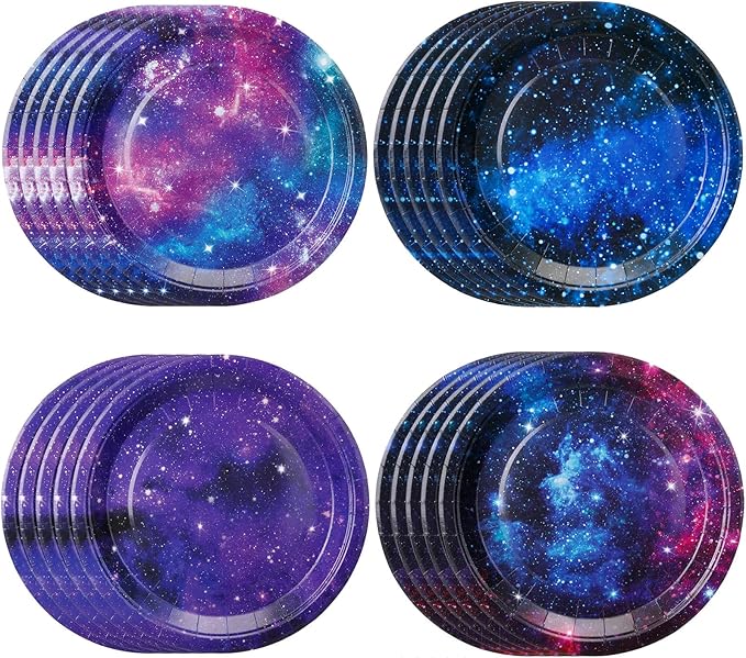 Funnymoom 60 Pcs Galaxy Party Plates 9 Inch Astronaut Outer Space Paper Plates Starry Night Sky Birthday Party Supplies for Baby Shower Galaxy Planet Decoration