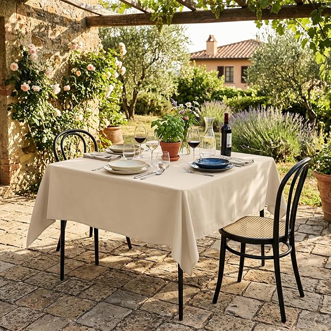 Fixwal 2 Pack Beige 54 x 54 Inch Square Tablecloths, Reusable Heavy Duty Washable Polyester Table Covers for Wedding, Bridal Shower, Boho Party, Outdoor, Picnic